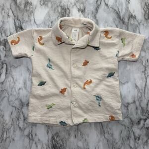 H&M Boy Button Down Shirt 12 Months Cream Dinosaur Short Sleeve Baby Top